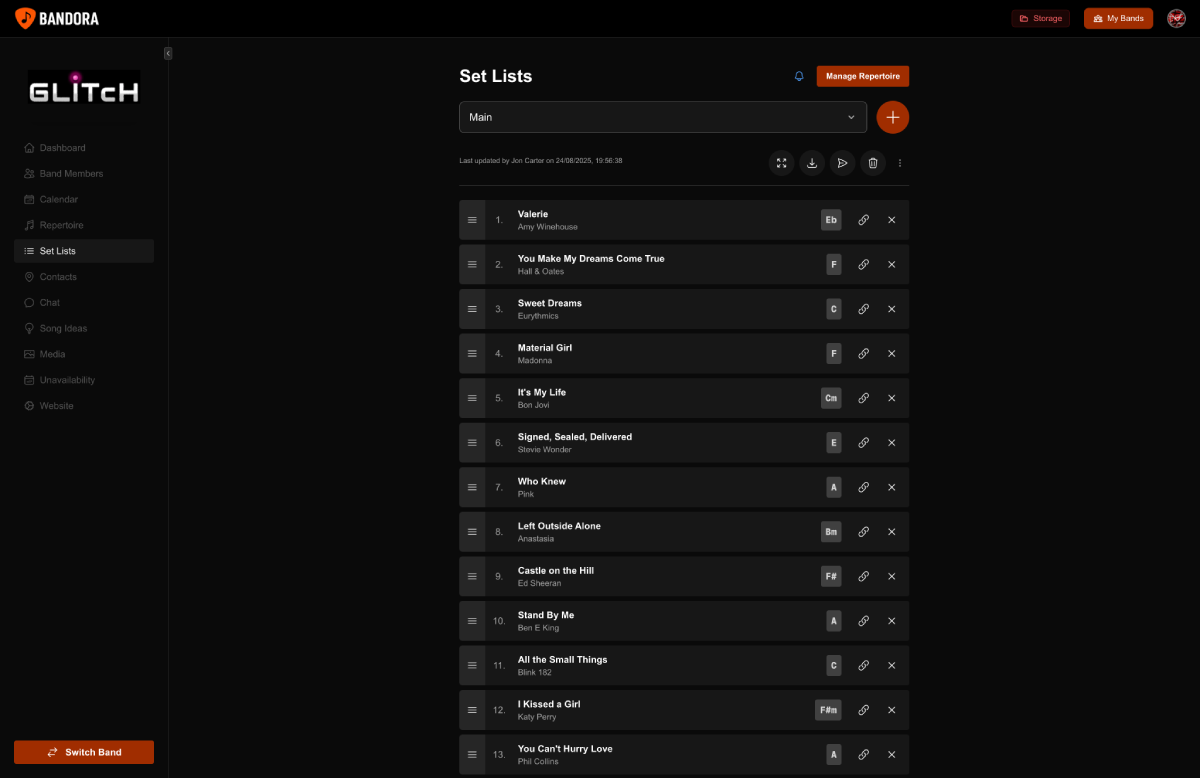 Bandora Set Lists Interface